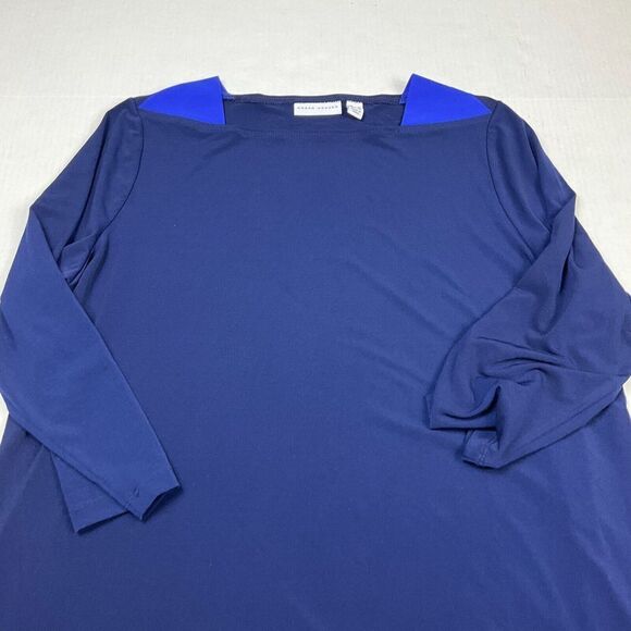 Susan Graver Tunic Blouse Blue Color-Block Stretchy Shirt 3/4 Sleeve Top Large - Picture 3 of 11